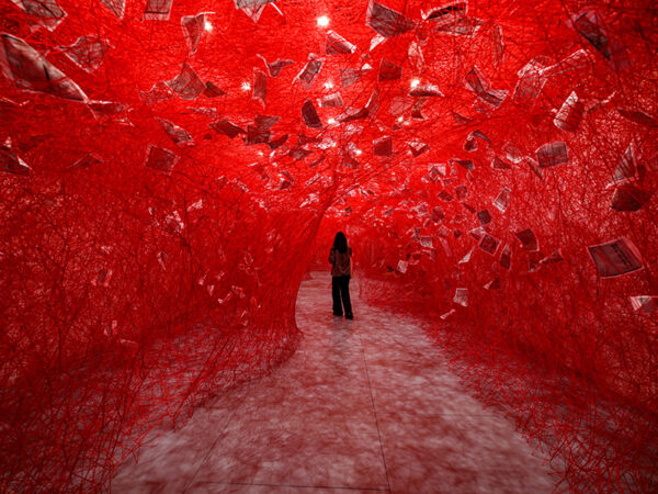 Installation view of Chiharu Shiota: Two Home Countries at Japan Society Gallery, New York, 2025. Photo by Waso Danilenko. © ARS, New York, 2026 and Chiharu Shiota