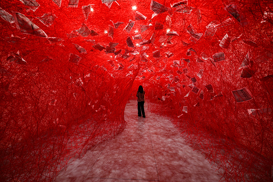 Installation view of Chiharu Shiota: Two Home Countries at Japan Society Gallery, New York, 2025. Photo by Waso Danilenko. © ARS, New York, 2026 and Chiharu Shiota